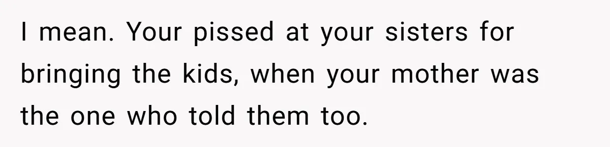 I mean. Your pissed at your sisters for bringing the kids, when your mother was the one who told them too.