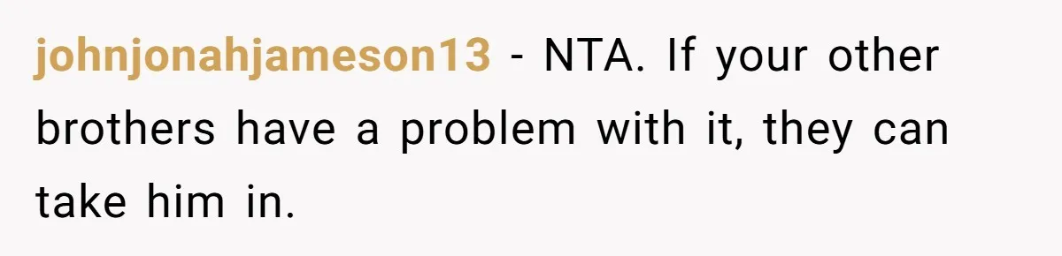 johnjonahjameson13 − NTA. If your other brothers have a problem with it, they can take him in.