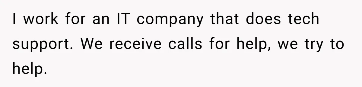 I work for an IT company that does tech support. We receive calls for help, we try to help.