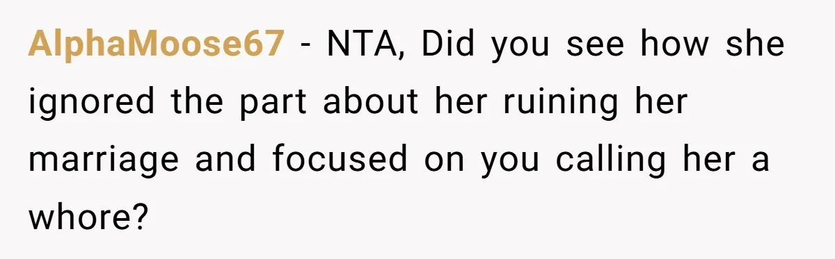 AlphaMoose67 − NTA, Did you see how she ignored the part about her ruining her marriage and focused on you calling her a whore?
