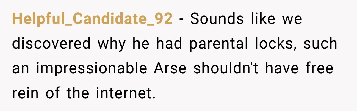Helpful_Candidate_92 − Sounds like we discovered why he had parental locks, such an impressionable Arse shouldn't have free rein of the internet.