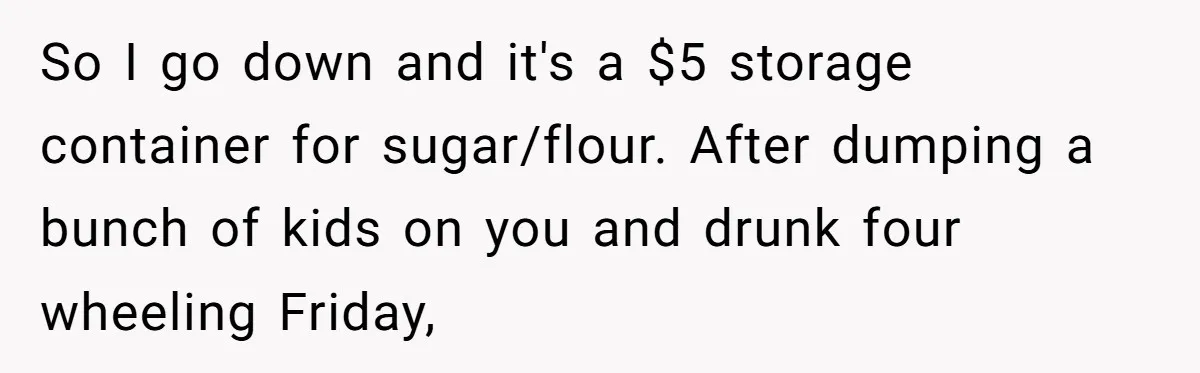 So I go down and it's a $5 storage container for sugar/flour. After dumping a bunch of kids on you and drunk four wheeling Friday,