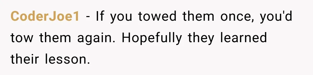 CoderJoe1 − If you towed them once, you'd tow them again. Hopefully they learned their lesson.