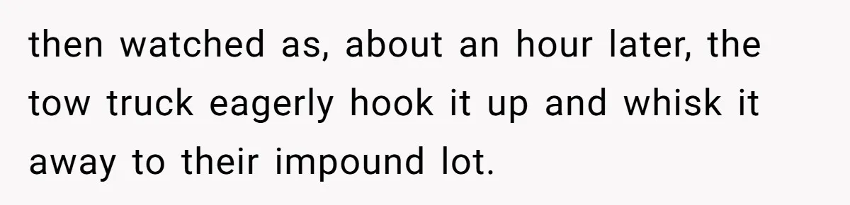 then watched as, about an hour later, the tow truck eagerly hook it up and whisk it away to their impound lot.