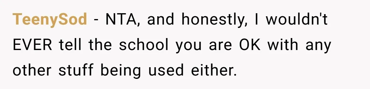 TeenySod − NTA, and honestly, I wouldn't EVER tell the school you are OK with any other stuff being used either.