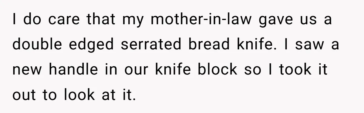 I do care that my mother-in-law gave us a double edged serrated bread knife. I saw a new handle in our knife block so I took it out to look...