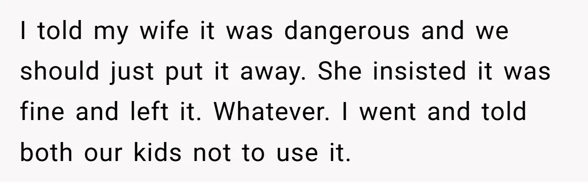 I told my wife it was dangerous and we should just put it away. She insisted it was fine and left it. Whatever. I went and told both our kids...