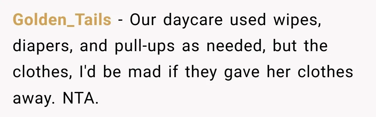 Golden_Tails − Our daycare used wipes, diapers, and pull-ups as needed, but the clothes, I'd be mad if they gave her clothes away. NTA.