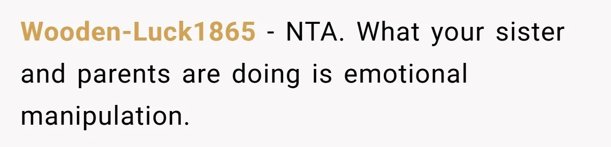 Wooden-Luck1865 − NTA. What your sister and parents are doing is emotional manipulation.