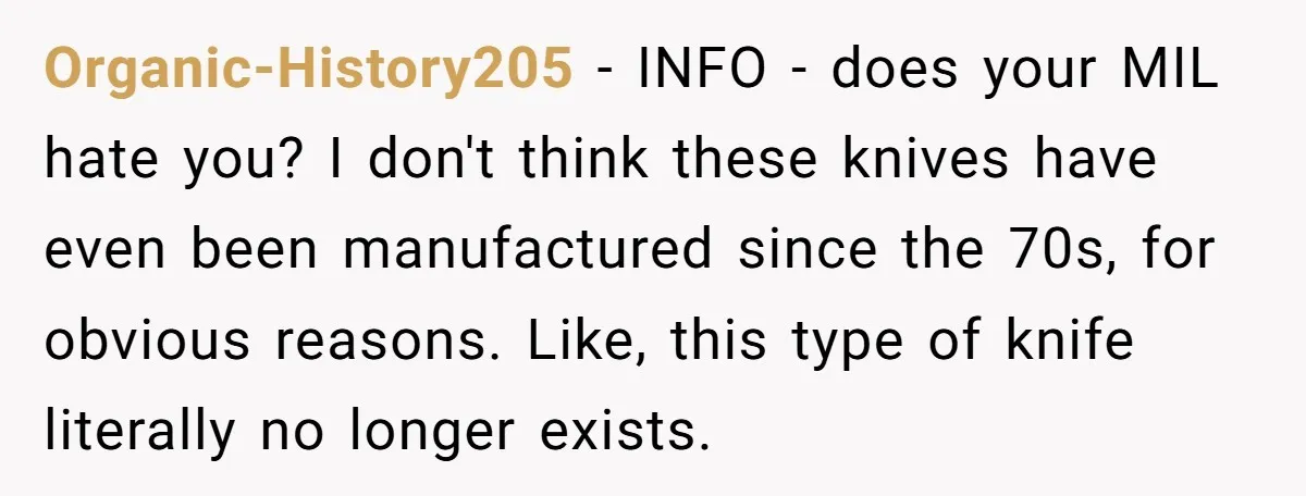 Organic-History205 − INFO - does your MIL hate you? I don't think these knives have even been manufactured since the 70s, for obvious reasons. Like, this type of knife literally...