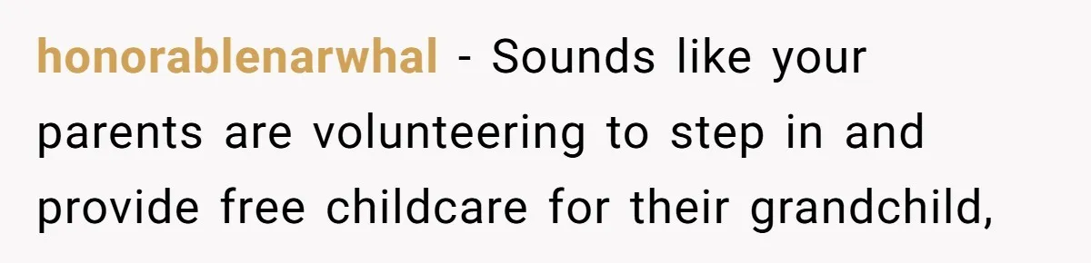 honorablenarwhal − Sounds like your parents are volunteering to step in and provide free childcare for their grandchild,