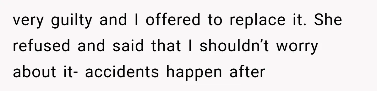 very guilty and I offered to replace it. She refused and said that I shouldn’t worry about it- accidents happen after