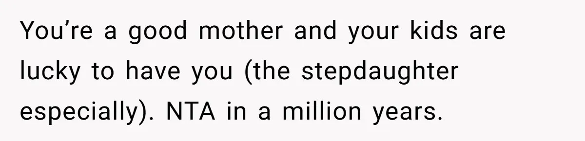 You’re a good mother and your kids are lucky to have you (the stepdaughter especially). NTA in a million years.