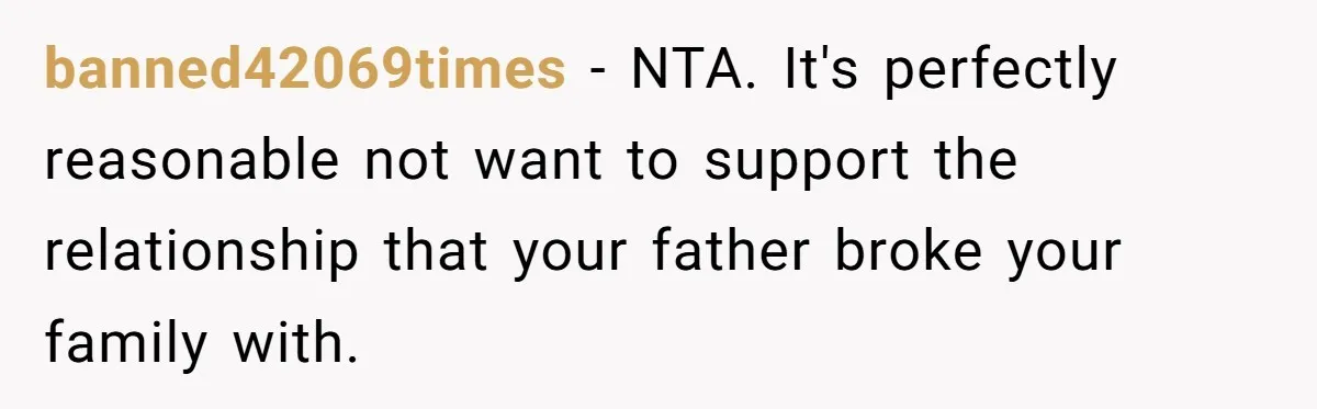 banned42069times − NTA. It's perfectly reasonable not want to support the relationship that your father broke your family with.