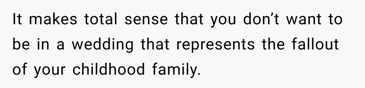 It makes total sense that you don’t want to be in a wedding that represents the fallout of your childhood family.