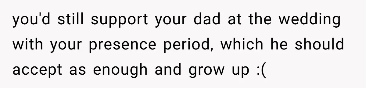 you'd still support your dad at the wedding with your presence period, which he should accept as enough and grow up :(