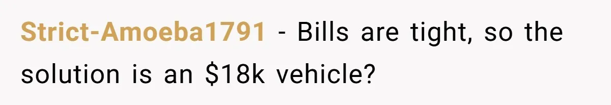 Strict-Amoeba1791 − Bills are tight, so the solution is an $18k vehicle?