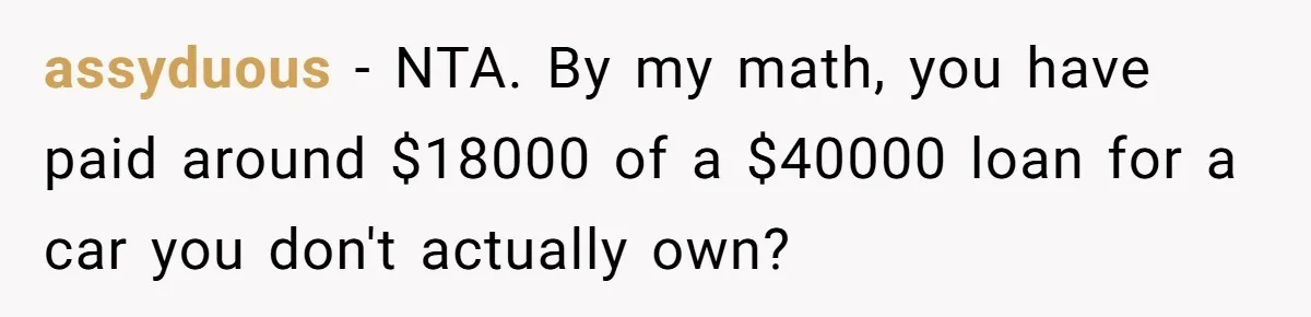 assyduous − NTA. By my math, you have paid around $18000 of a $40000 loan for a car you don't actually own?