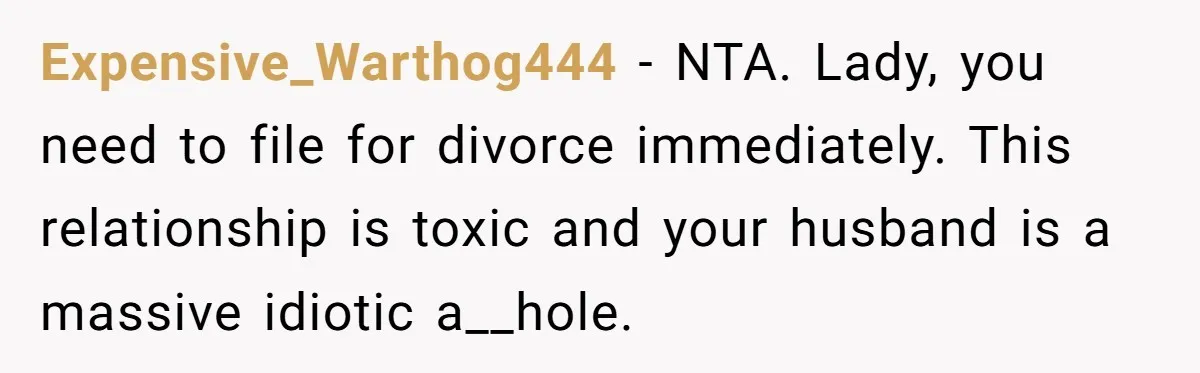 Expensive_Warthog444 − NTA. Lady, you need to file for divorce immediately. This relationship is toxic and your husband is a massive idiotic a__hole.