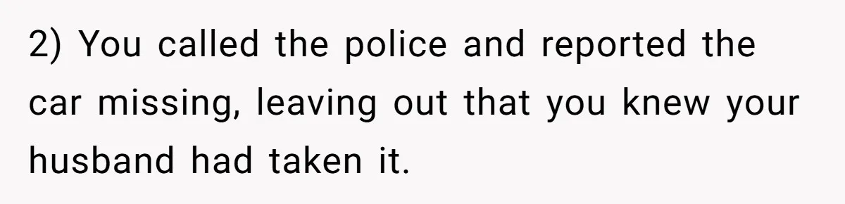 2) You called the police and reported the car missing, leaving out that you knew your husband had taken it.
