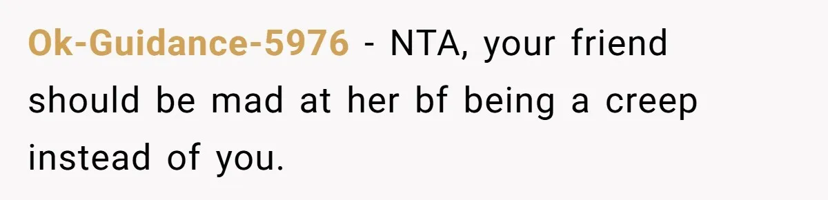 Ok-Guidance-5976 − NTA, your friend should be mad at her bf being a creep instead of you.