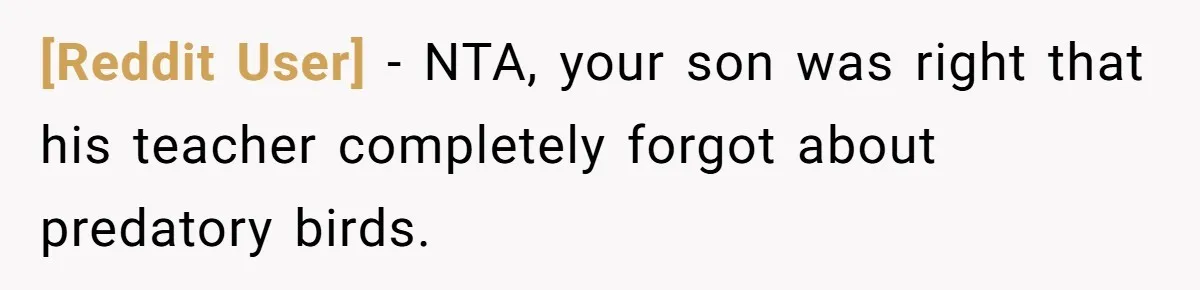 [Reddit User] − NTA, your son was right that his teacher completely forgot about predatory birds.