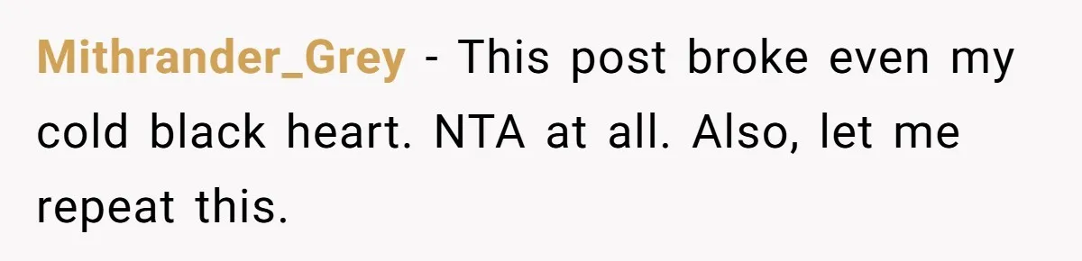 Mithrander_Grey − This post broke even my cold black heart. NTA at all. Also, let me repeat this.