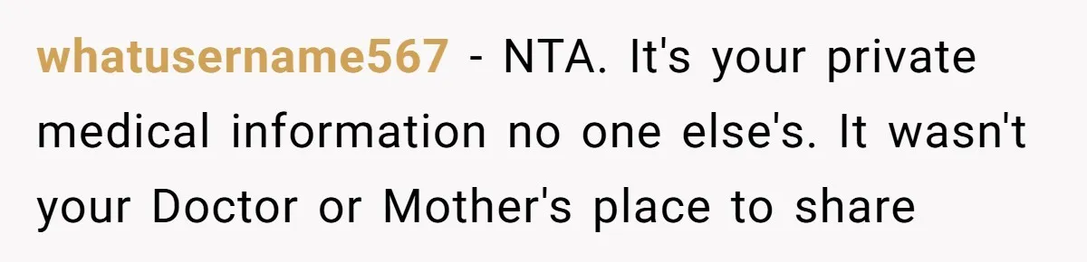 whatusername567 − NTA. It's your private medical information no one else's. It wasn't your Doctor or Mother's place to share