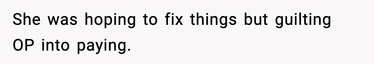 She was hoping to fix things but guilting OP into paying.