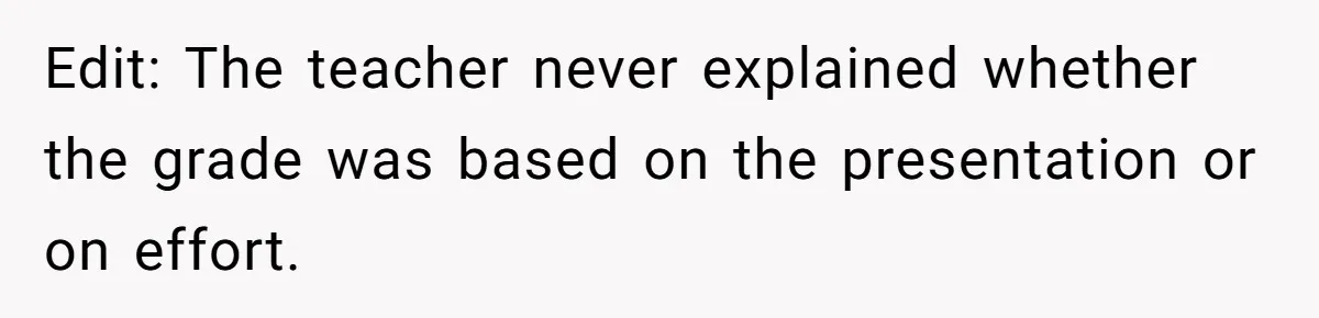 Edit: The teacher never explained whether the grade was based on the presentation or on effort.
