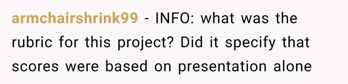 armchairshrink99 − INFO: what was the rubric for this project? Did it specify that scores were based on presentation alone