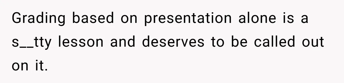 Grading based on presentation alone is a s__tty lesson and deserves to be called out on it.