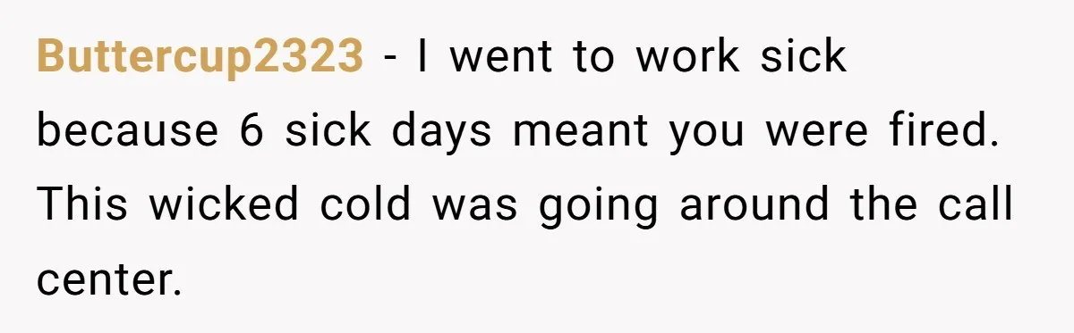 Buttercup2323 − I went to work sick because 6 sick days meant you were fired. This wicked cold was going around the call center.
