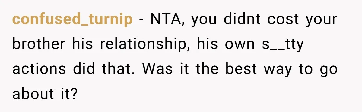 confused_turnip − NTA, you didnt cost your brother his relationship, his own s__tty actions did that. Was it the best way to go about it?