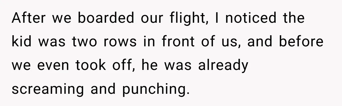 After we boarded our flight, I noticed the kid was two rows in front of us, and before we even took off, he was already screaming and punching.