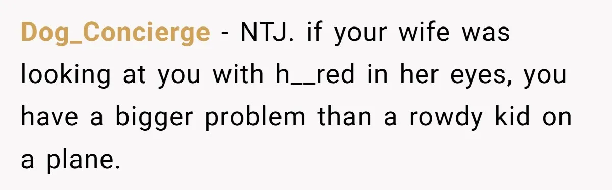Dog_Concierge − NTJ. if your wife was looking at you with h__red in her eyes, you have a bigger problem than a rowdy kid on a plane.
