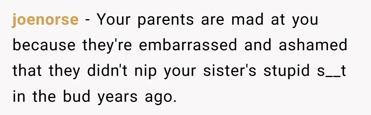 joenorse − Your parents are mad at you because they're embarrassed and ashamed that they didn't nip your sister's stupid s__t in the bud years ago.