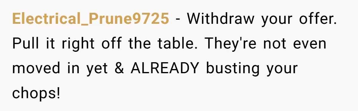 Electrical_Prune9725 − Withdraw your offer. Pull it right off the table. They're not even moved in yet & ALREADY busting your chops!
