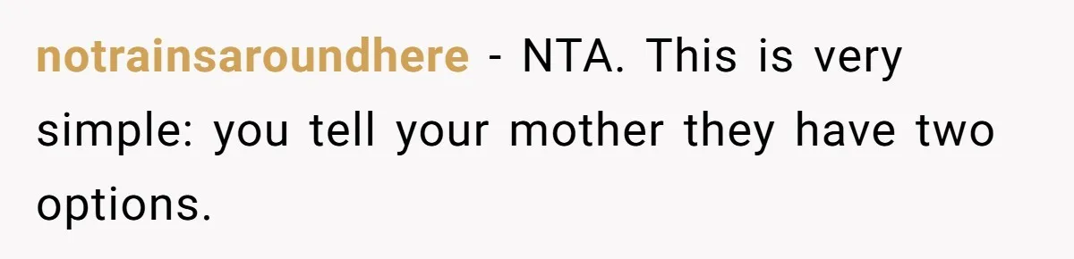 notrainsaroundhere − NTA. This is very simple: you tell your mother they have two options.