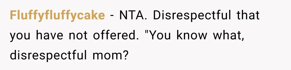 Fluffyfluffycake − NTA. Disrespectful that you have not offered. "You know what, disrespectful mom?