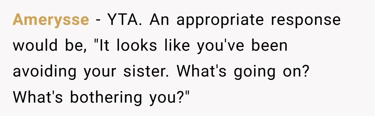 Amerysse − YTA. An appropriate response would be, "It looks like you've been avoiding your sister. What's going on? What's bothering you?"