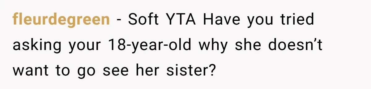 fleurdegreen − Soft YTA Have you tried asking your 18-year-old why she doesn’t want to go see her sister?