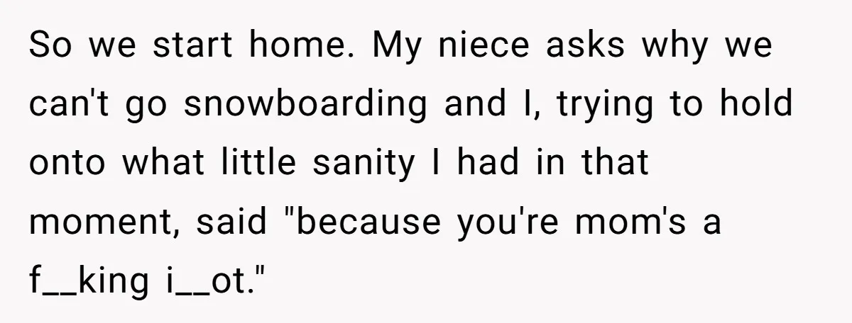 So we start home. My niece asks why we can't go snowboarding and I, trying to hold onto what little sanity I had in that moment, said "because you're mom's...