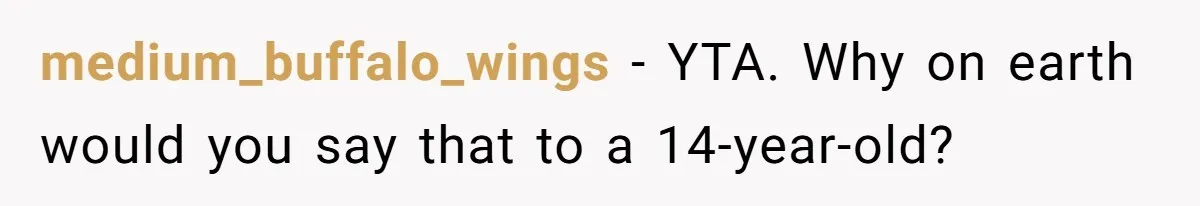 medium_buffalo_wings − YTA. Why on earth would you say that to a 14-year-old?