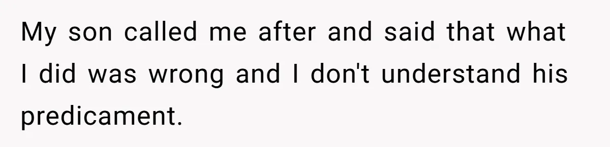 My son called me after and said that what I did was wrong and I don't understand his predicament.
