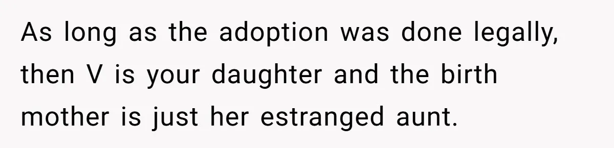 As long as the adoption was done legally, then V is your daughter and the birth mother is just her estranged aunt.