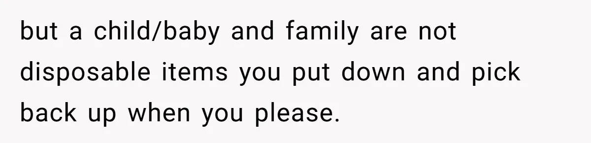 but a child/baby and family are not disposable items you put down and pick back up when you please.