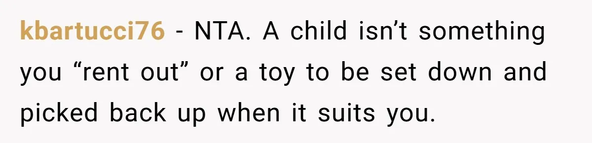 kbartucci76 − NTA. A child isn’t something you “rent out” or a toy to be set down and picked back up when it suits you.