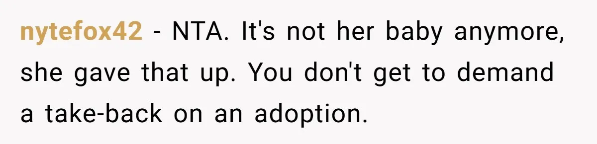 nytefox42 − NTA. It's not her baby anymore, she gave that up. You don't get to demand a take-back on an adoption.