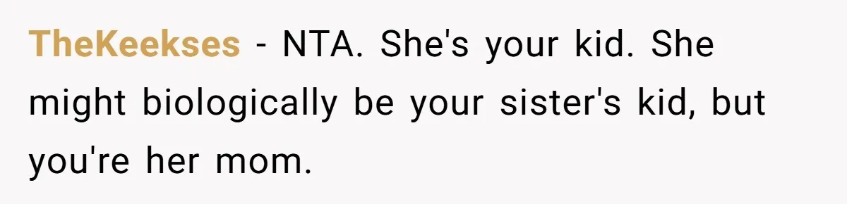 TheKeekses − NTA. She's your kid. She might biologically be your sister's kid, but you're her mom.